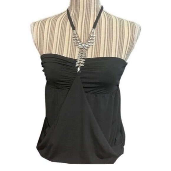Club Halter Top Black Blouse Spaghetti Embellished Rhinestone Party Vintage - Picture 1 of 9